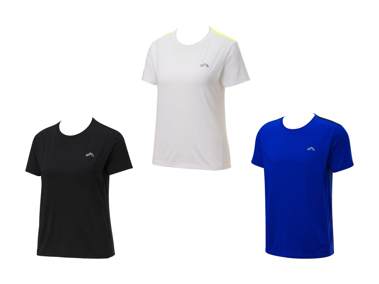 Tre forskellige farver af en løbe-t-shirt til kvinder.