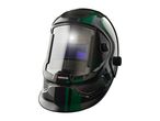 A Parkside welding helmet with a green stripe design.