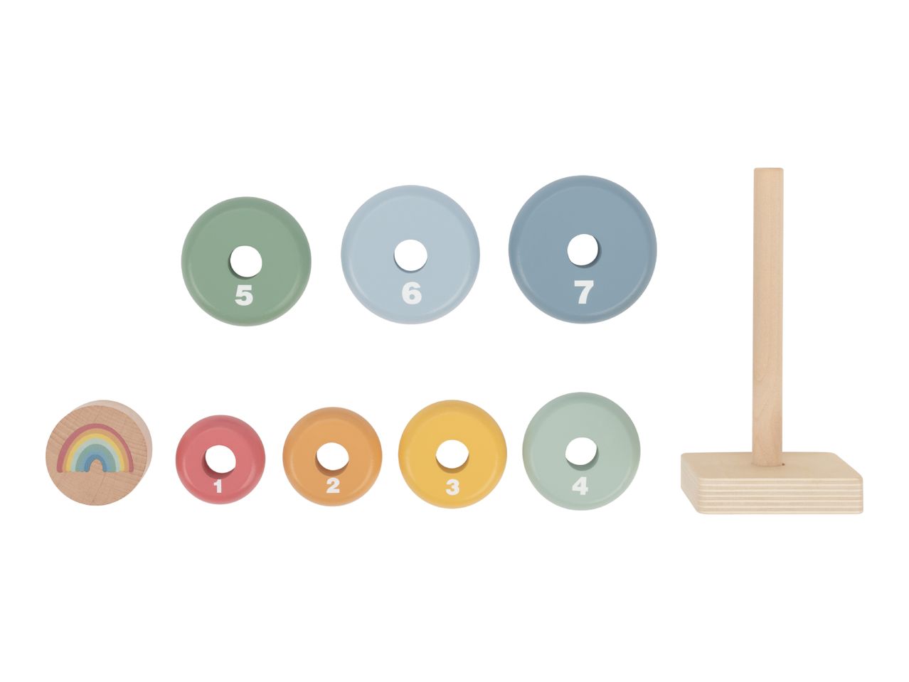 Wooden stacking toy with numbered rings 1-7 in pastel colors and a rainbow top piece.