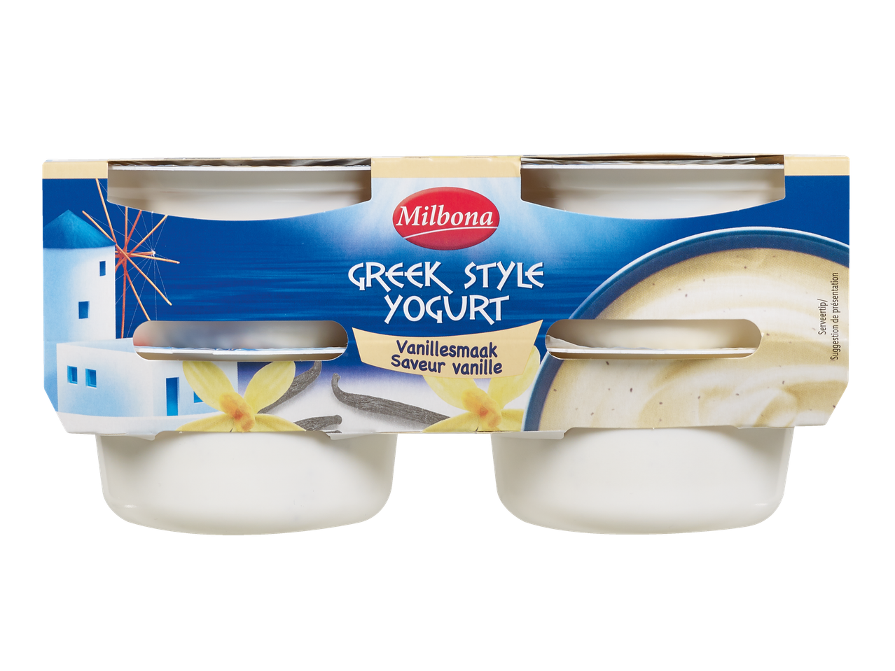 Yaourt à la grecque Milbona saveur vanille en pack de quatre.