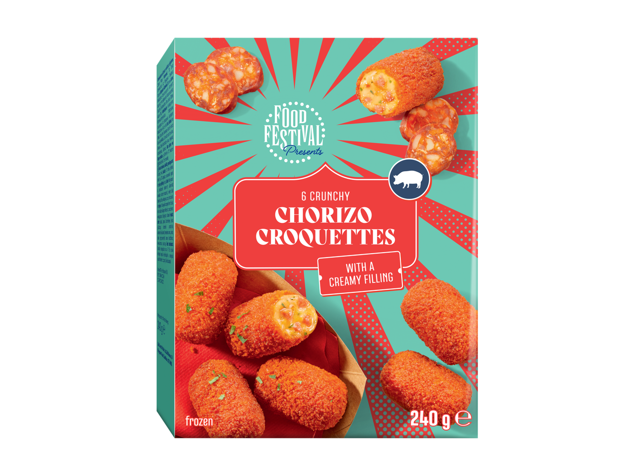 Frozen chorizo croquettes with creamy filling, 240g, in a festive-themed box.