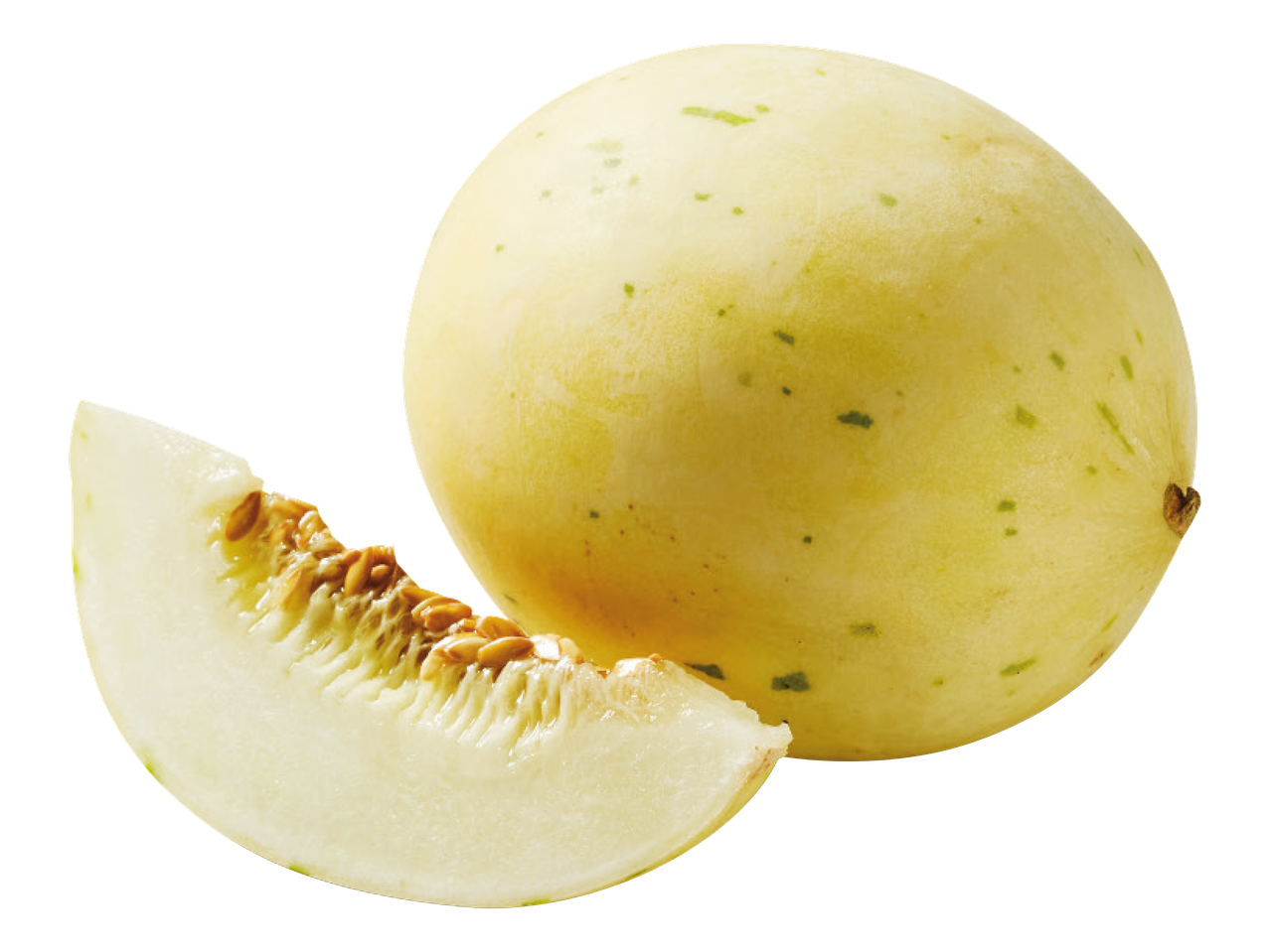 En gul melon med en skiva bredvid.