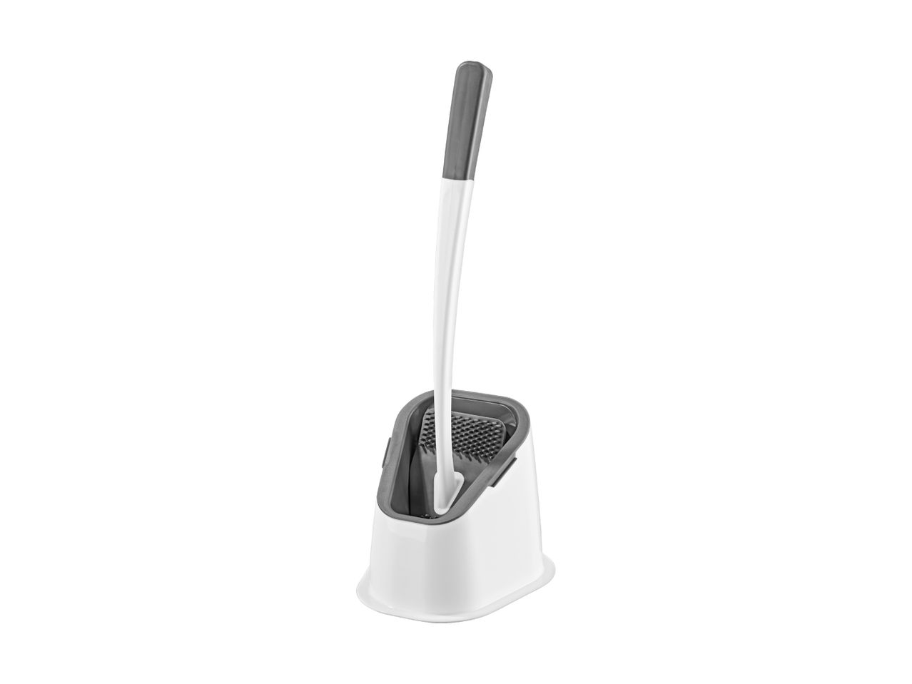 White and grey toilet brush with a holder