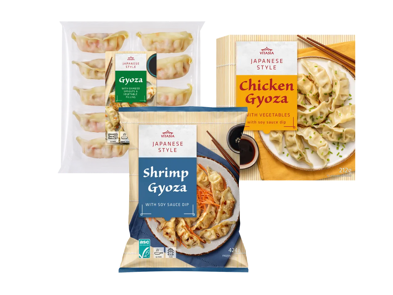 Tri pakiranja japonskih gyoza cmokov: piščančji, kozicni in zelenjavni.