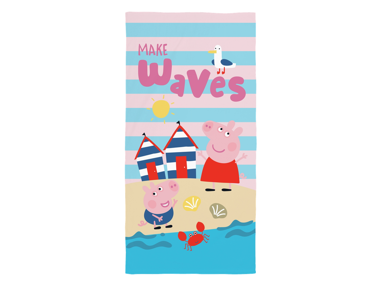 Prugasti peškir za plažu sa prasićima, kućicama na plaži i rakom, tekst „MAKE Waves“.