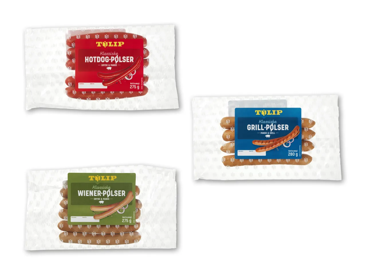 Tre pakker Tulip pølser: hotdog-, grill- og wienerpølser.