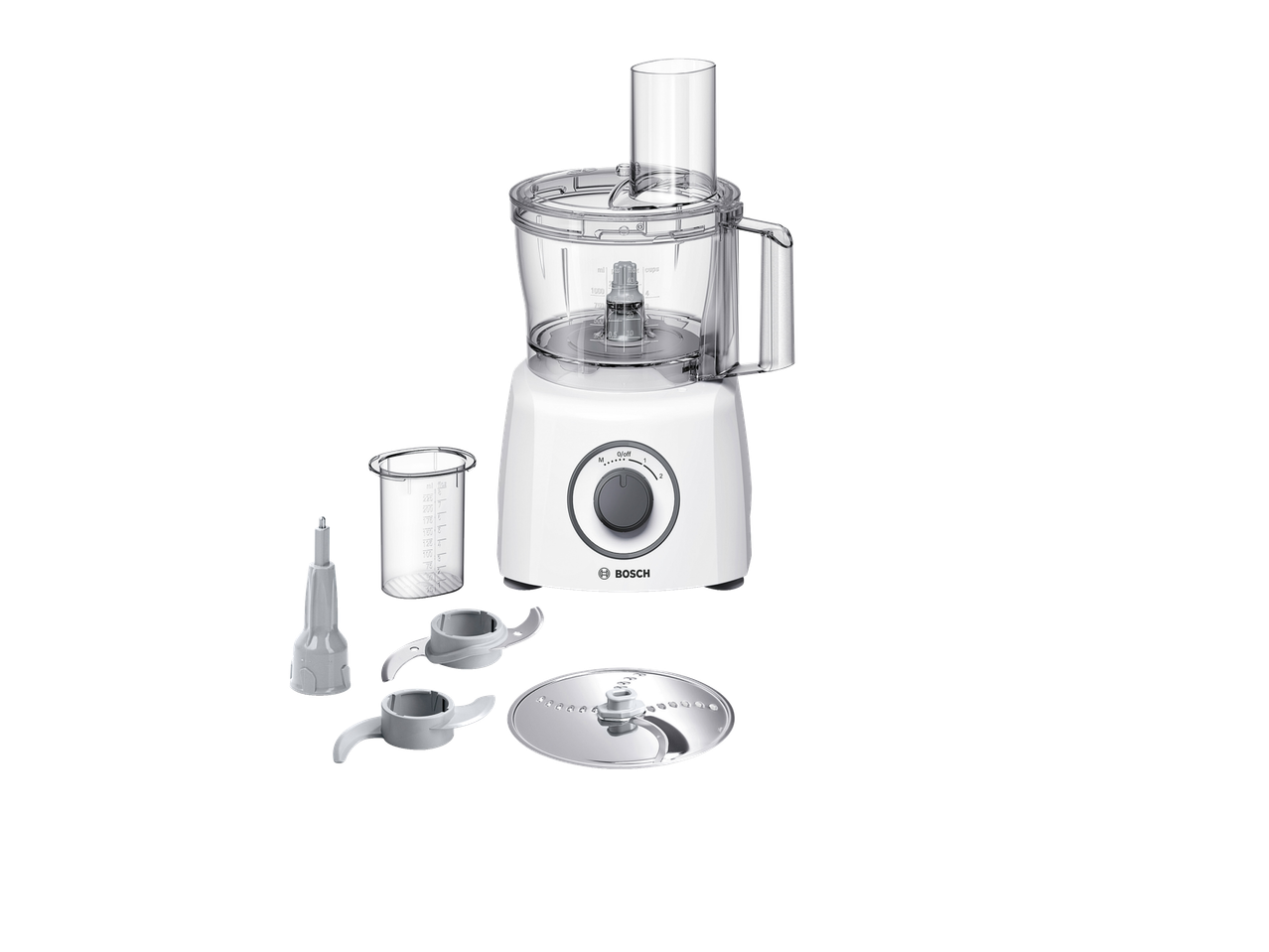 Balts virtuves kombains ar dažādiem piederumiem, tostarp asmeņiem un mērglāzi.