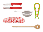 Küchenutensilien: Livarno Home Messer, Sparschäler, Sieb, Deckelöffner,  Deckel und Holzlöffel.