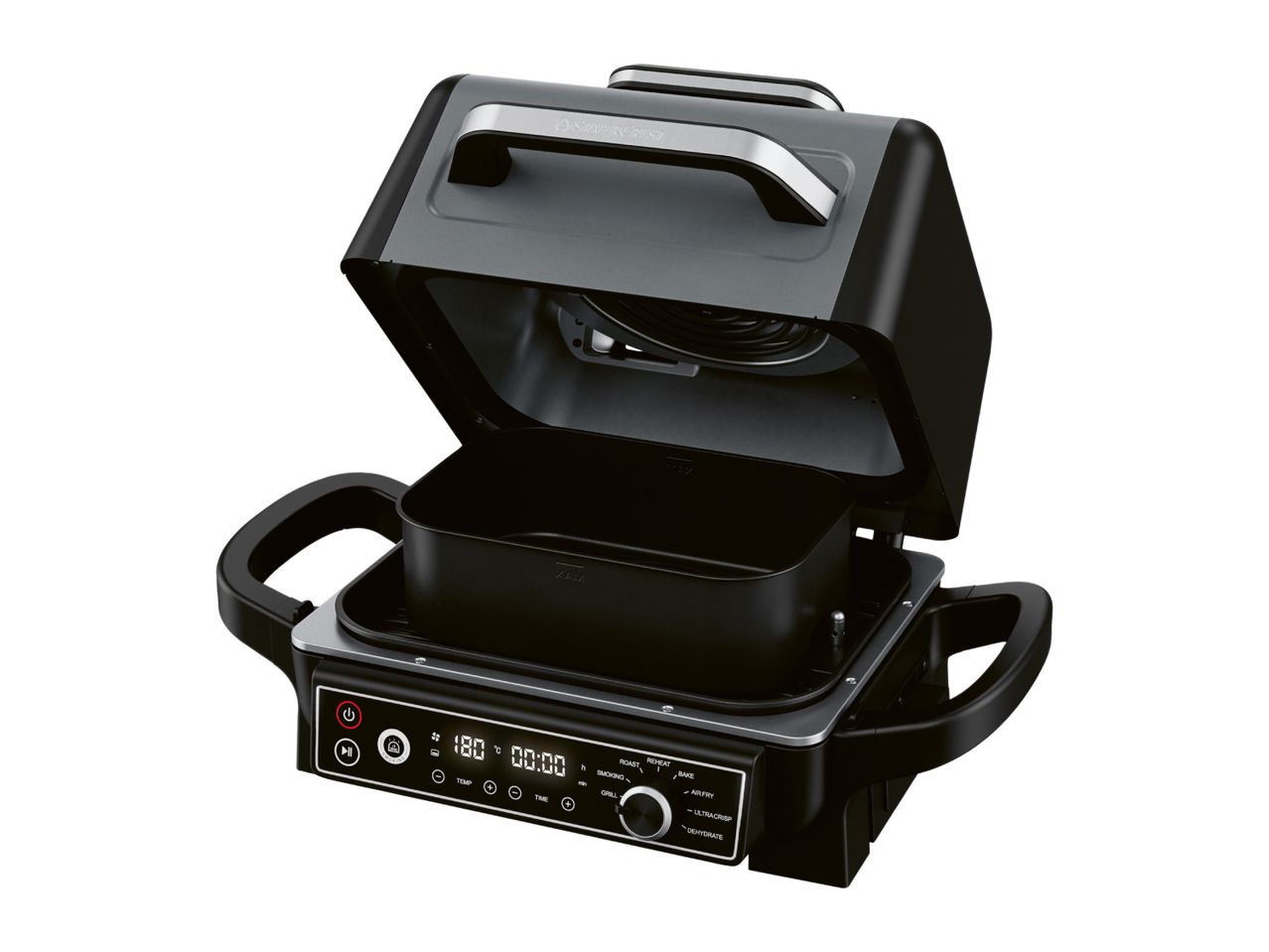 Open multi-cooker with digital display showing 180°C and 00:00, and cooking functions.