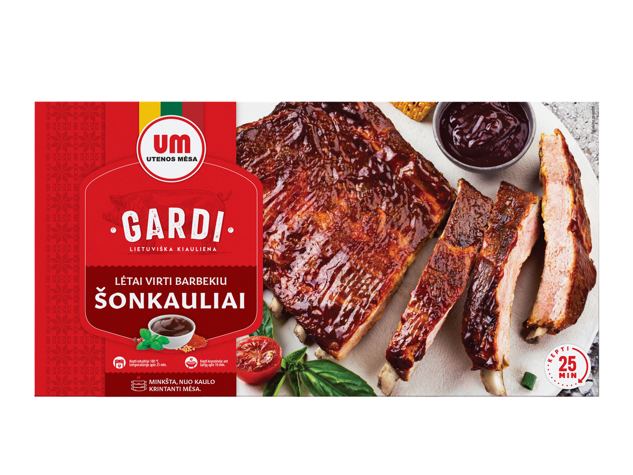 Utenos Mėsa Gardi BBQ šonkauliai: minkšti, skanūs šonkauliai, paruošti kepimui.