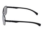Black sunglasses with grey lenses, viewed from the side.