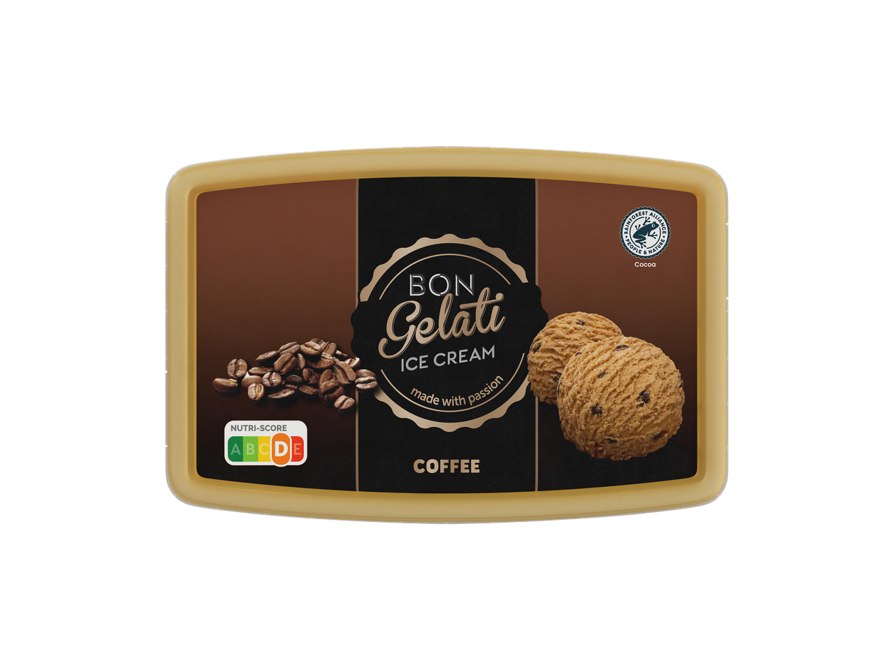 Bon Gelati Koffie-ijsbeker met koffiebonen en koekjes, Nutri-Score D.