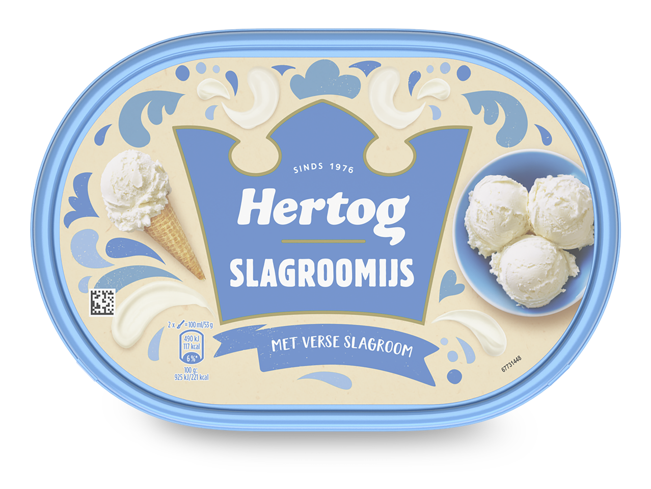 Een ovaalvormige verpakking van roomijs met een ijshoorntje, een kommetje ijs en slagroom.