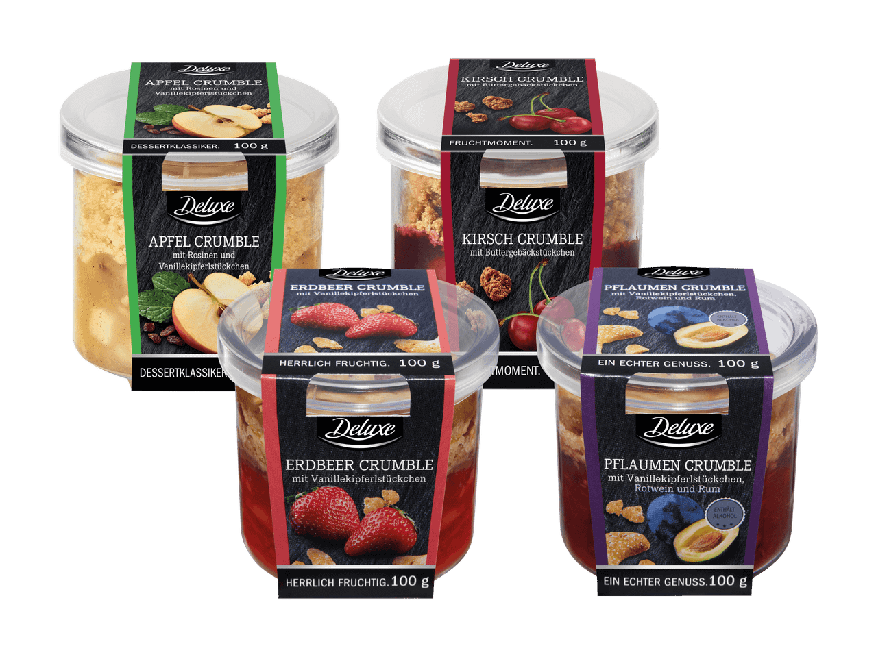 Vier verschiedene Crumble-Desserts in durchsichtigen Bechern: Apfel, Kirsche, Erdbeere und Pflaume.