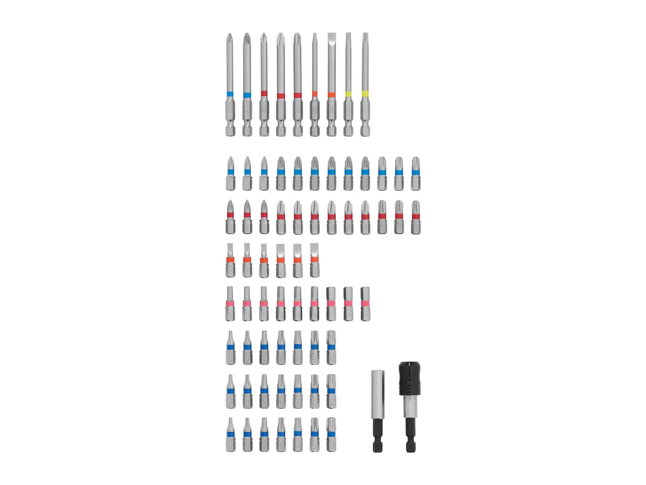 A large set of screwdriver bits and bit holders in various sizes and types.
