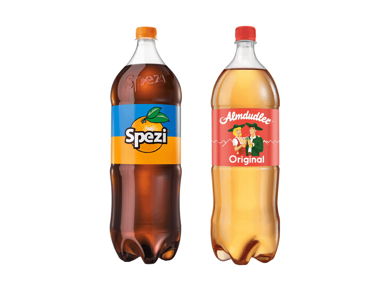 Zwei Flaschen Erfrischungsgetränke: Sprite und ein Grapefruit-Getränk.