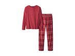 Red fleece pajama set with a plain long-sleeved top and patterned bottoms.