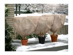 Three potted plants wrapped in protective winter fleece covers on a snowy deck.