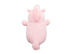 Back view of a pink unicorn plush toy with a fluffy mane and tail.