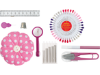 Colorful pins, needle, thimble, and other sewing supplies.