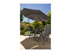Patio dining set with a grey rectangular parasol, table, and four chairs on a tiled patio.