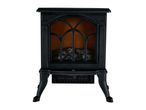 Black electric fireplace with decorative grate and faux logs, isolated on white.
