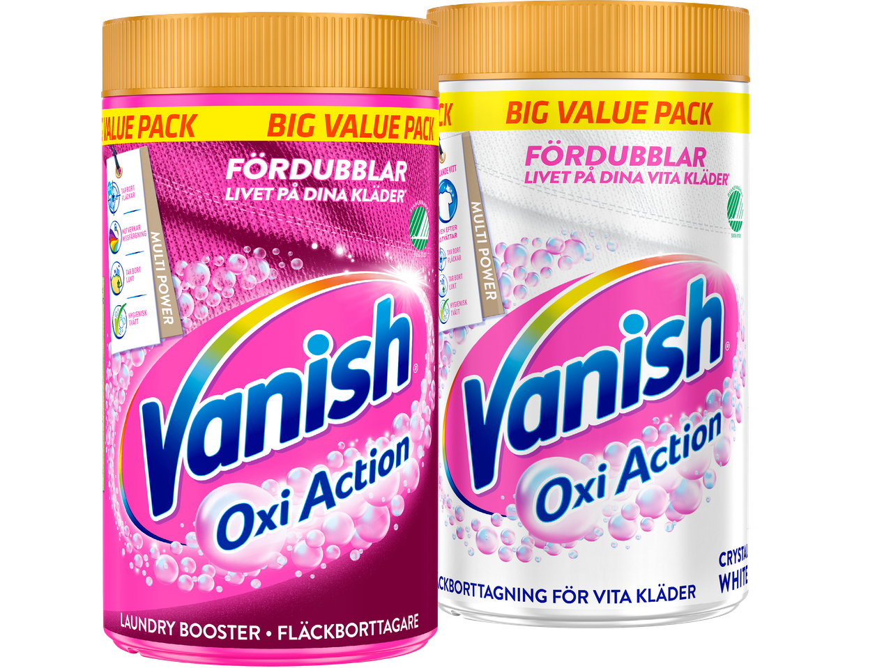 Två burkar Vanish Oxi Action tvättbooster, en för ljusa och en för mörka kläder.