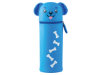 Estojo azul em forma de cão com fecho e motivos de ossos brancos, para canetas de gel.
