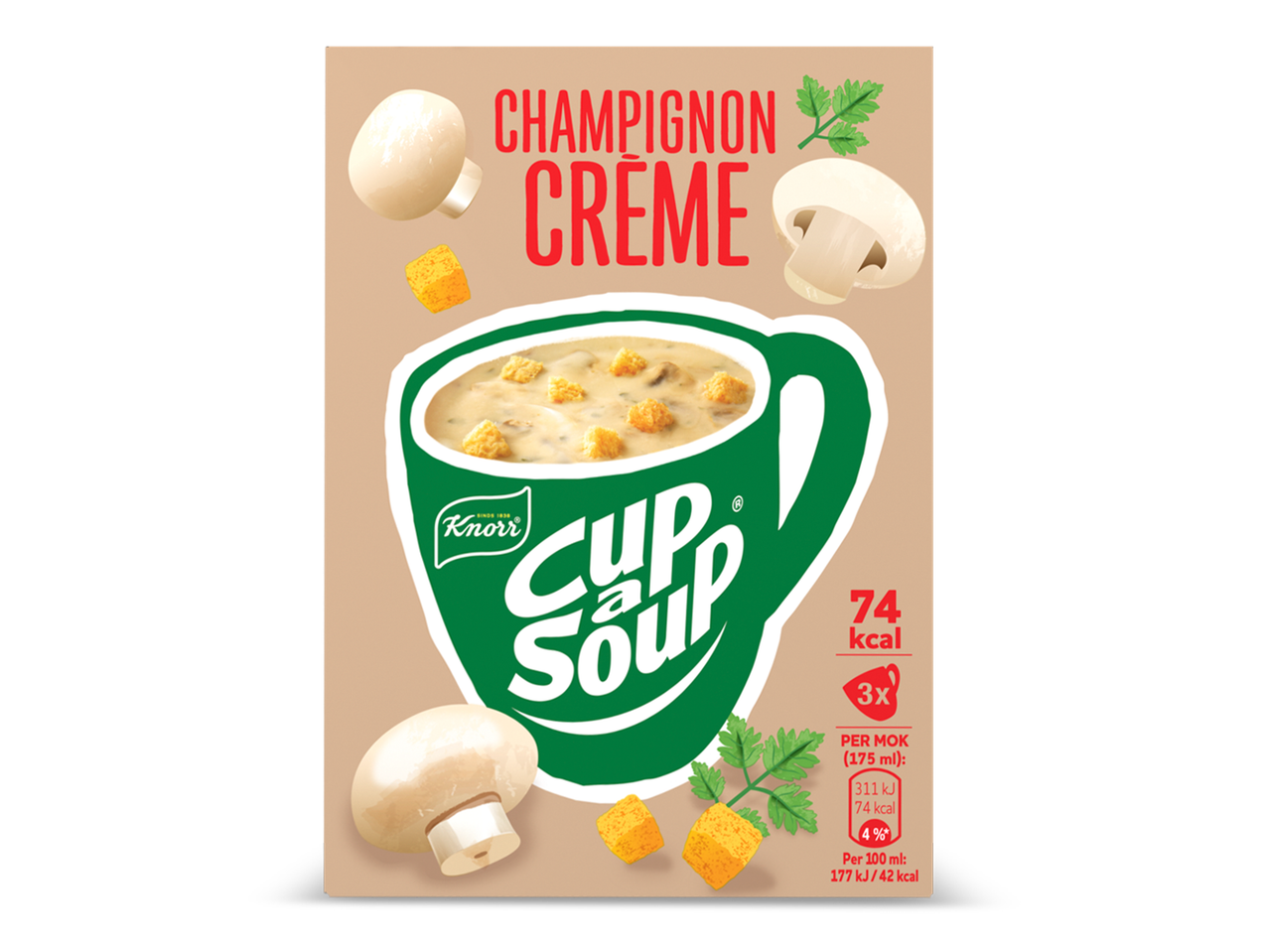 Verpakking van champignoncrèmesoep met een groene mok, champignons en croutons.