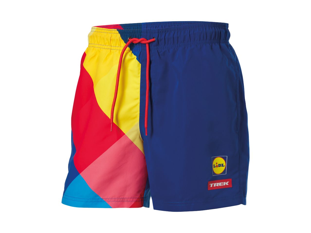 Badeshorts i blå, rød, gul og turkis med snøre i taljen.