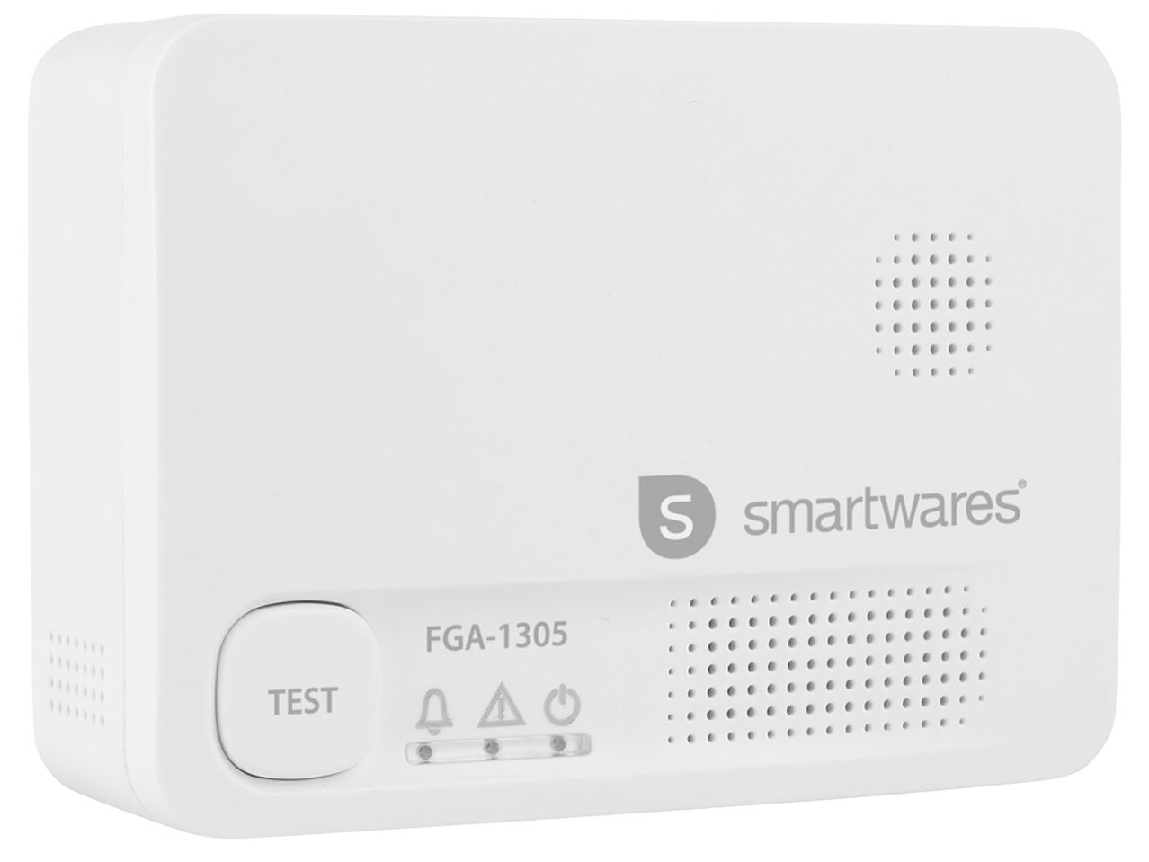 Бял детектор за дим Smartwares FGA-1305 с бутон за тест и индикаторни светлини.