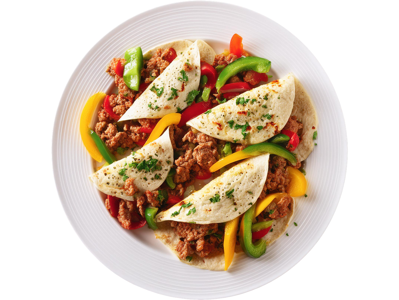 Four soft tacos filled with seasoned ground meat and bell peppers on a white plate.