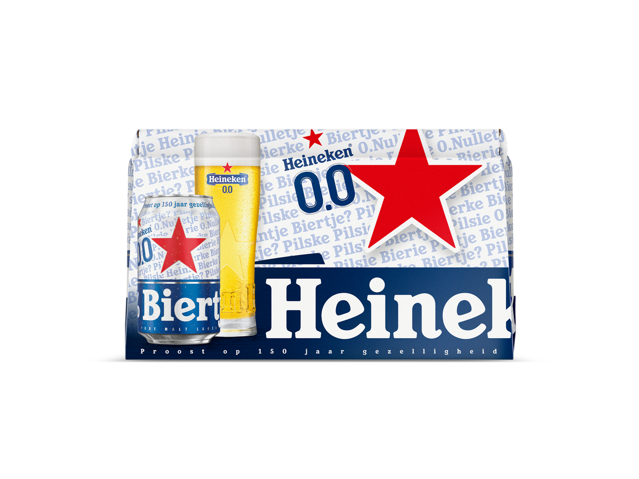 Heineken 0.0 alcoholvrij bier in een feestelijke 150 jaar verpakking met blik en glas.