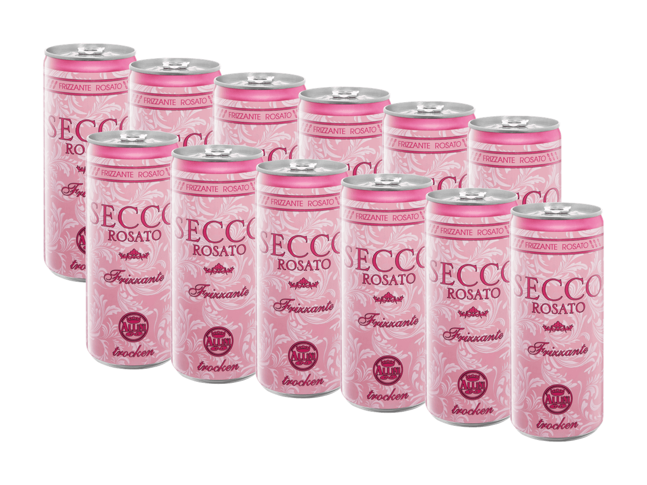 Zwölf Dosen Eco-Getränke in Rosa.