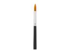 Close-up of a round artist's paintbrush with a black handle and orange bristles.