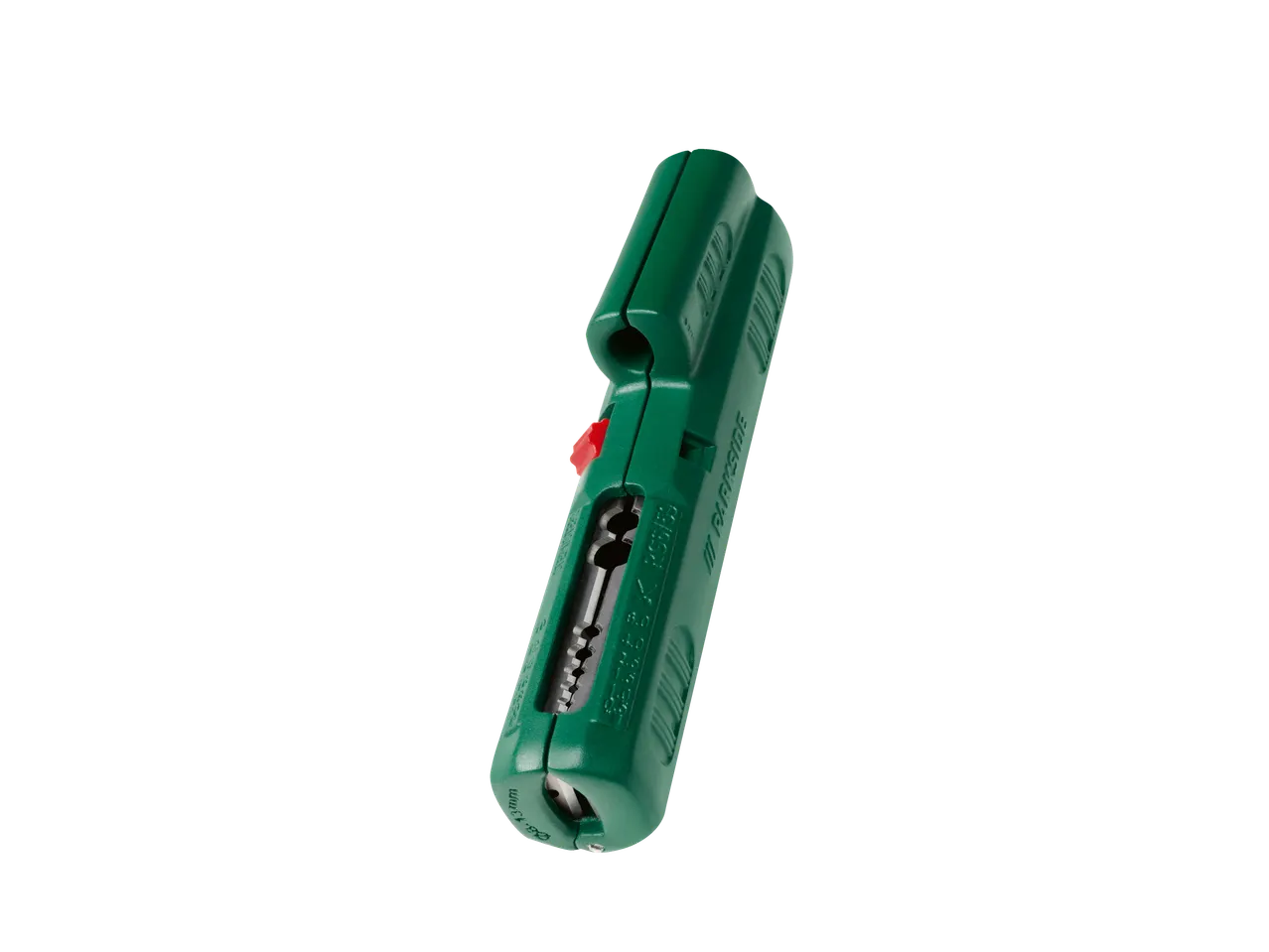 Instrument verde de dezizolat cabluri cu un buton roșu.
