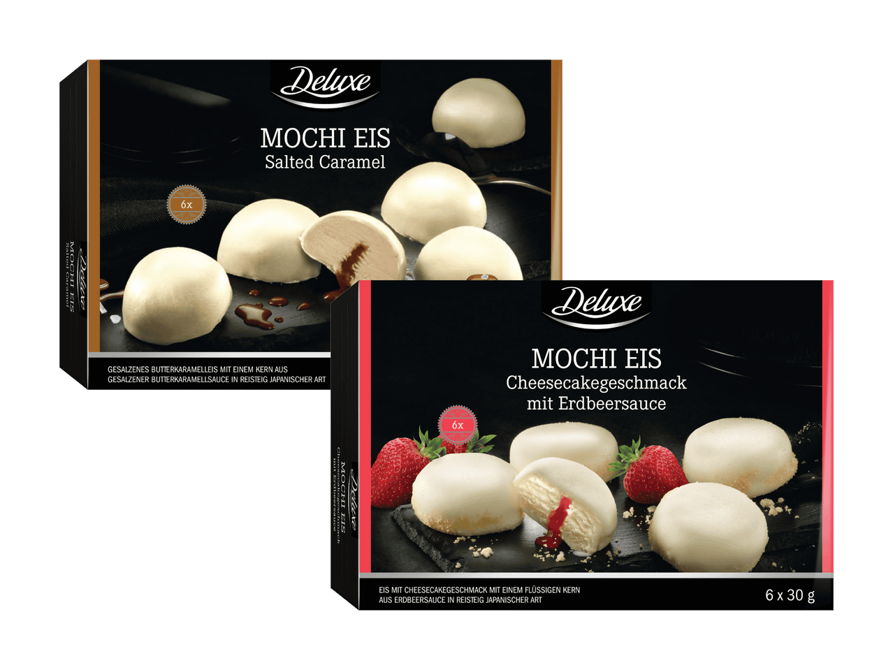 Zwei Packungen Deluxe Mochi Eis: gesalzenes Karamell und Käsekuchen mit Erdbeersauce.