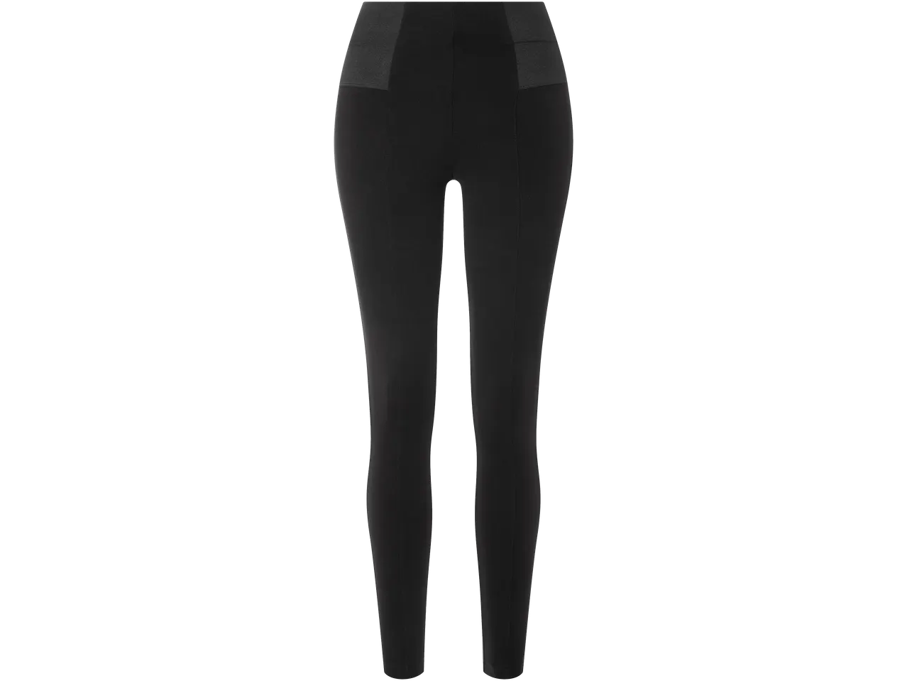 Fekete női leggings magas derékkal és széles, rugalmas derékpánttal.