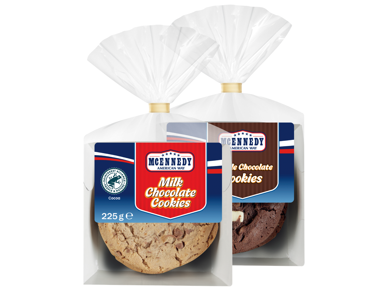 Two packs of MCENNEDY American Way Milk Chocolate Cookies, one milk chocolate and one double chocolate.
