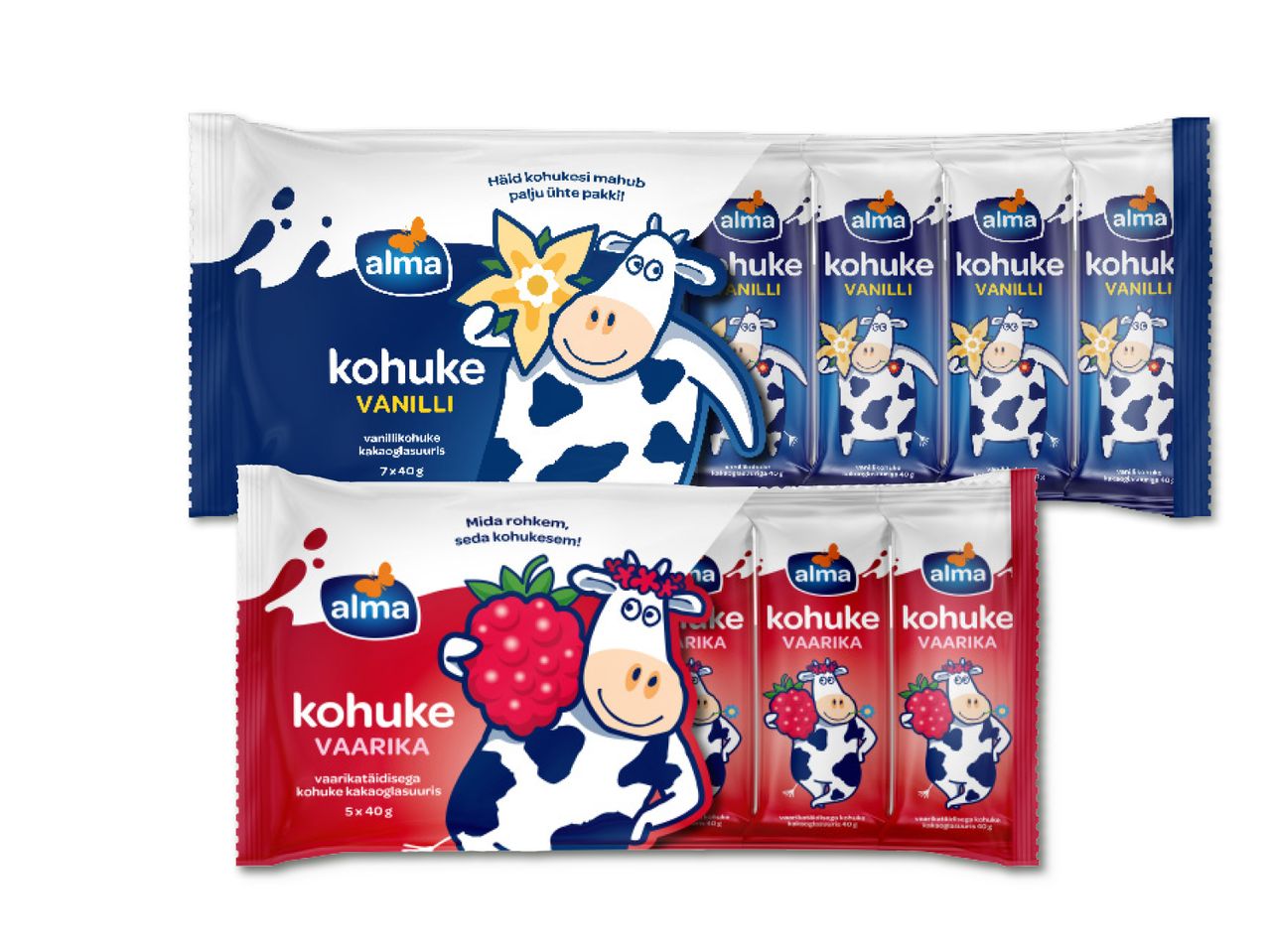 Kaks pakki Alma kohukesi: vanilli- ja vaarikamaitselised.