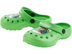 Pair of Minecraft green children's clogs with a cartoon design.