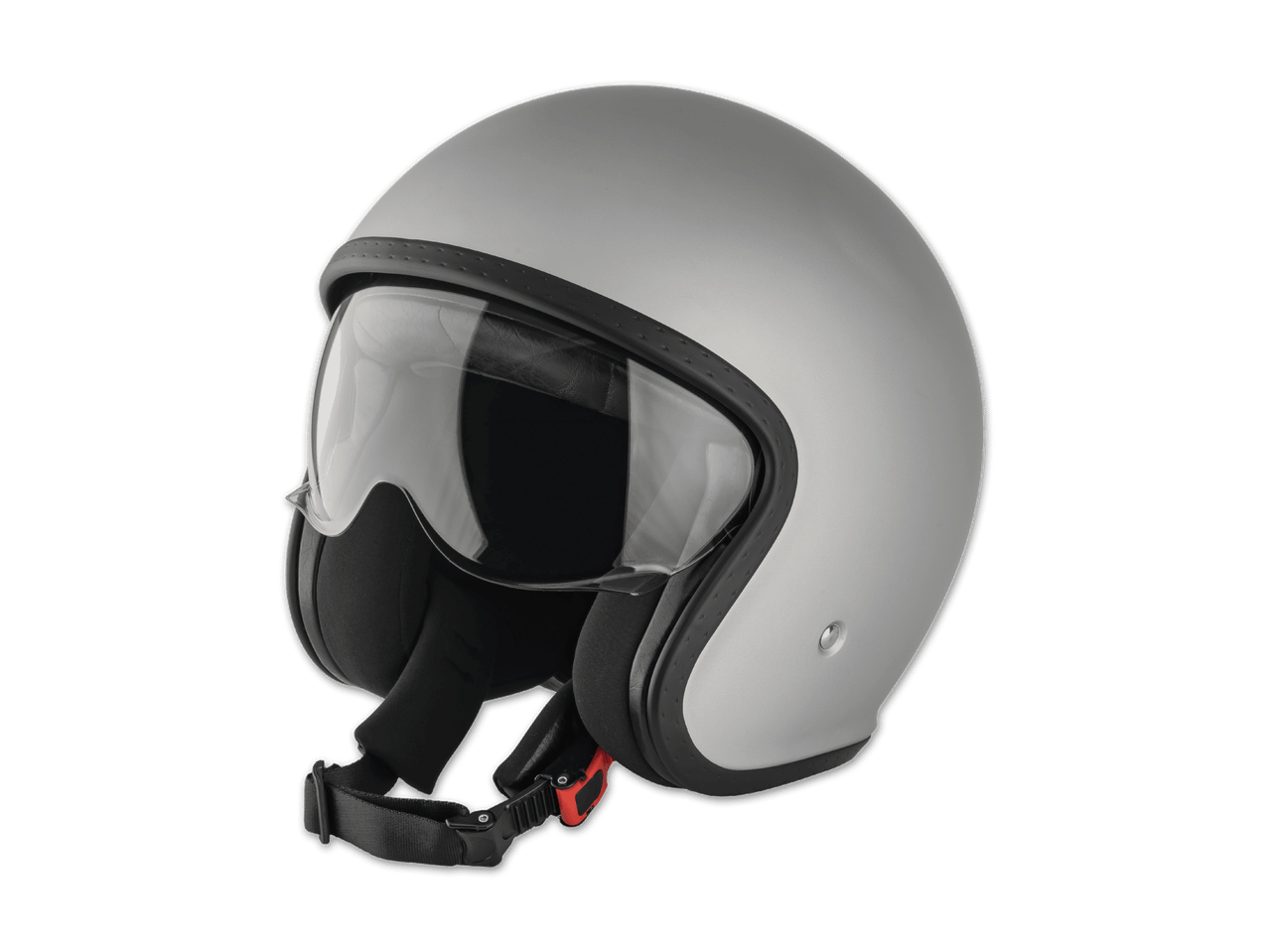 Silberner Motorradhelm mit Visier.