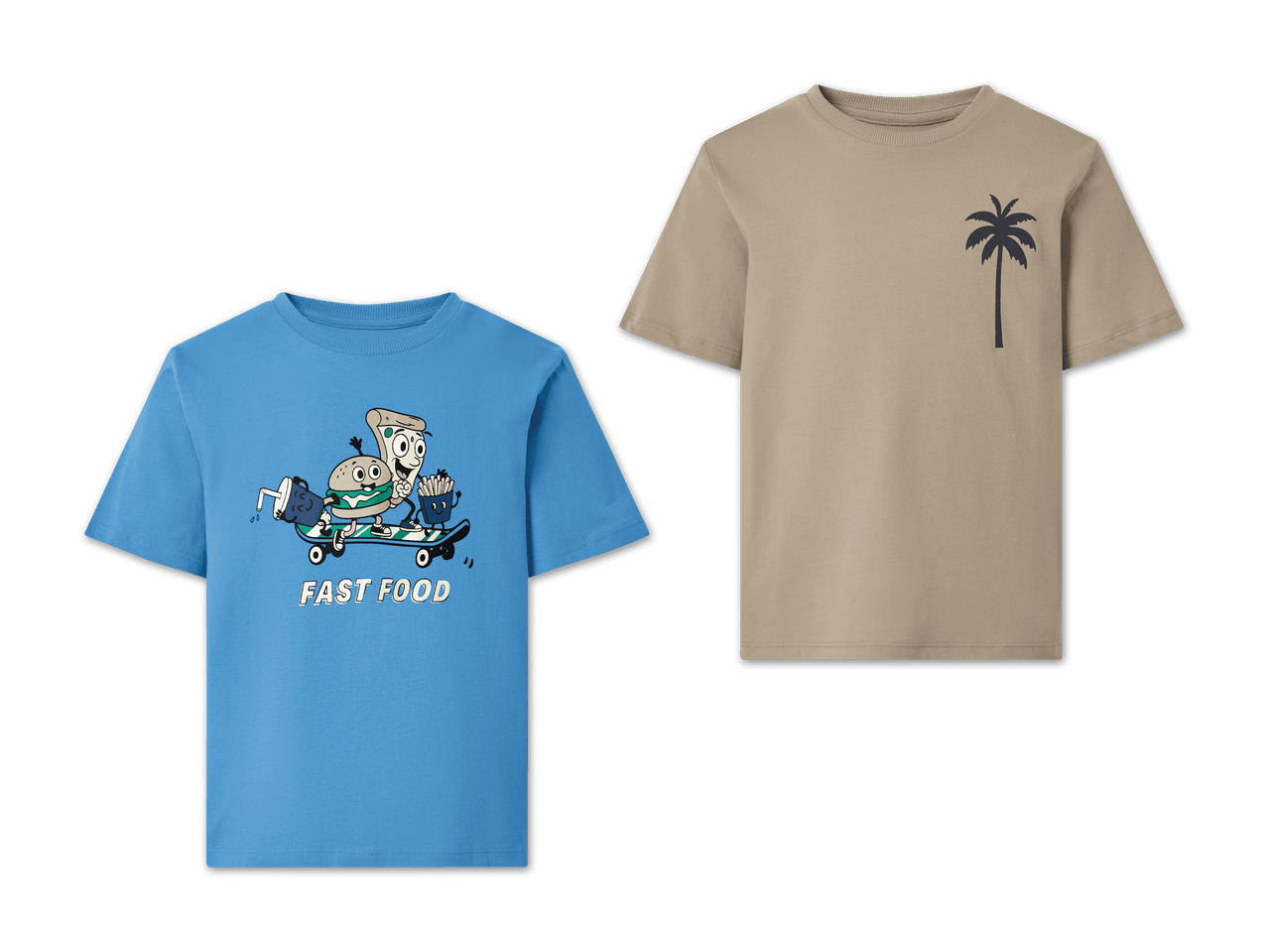 Zwei Kinder-T-Shirts in Blau mit Fast-Food-Motiv und in Beige mit Palmen-Print.