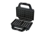 Open black waffle maker with square grids on a white background