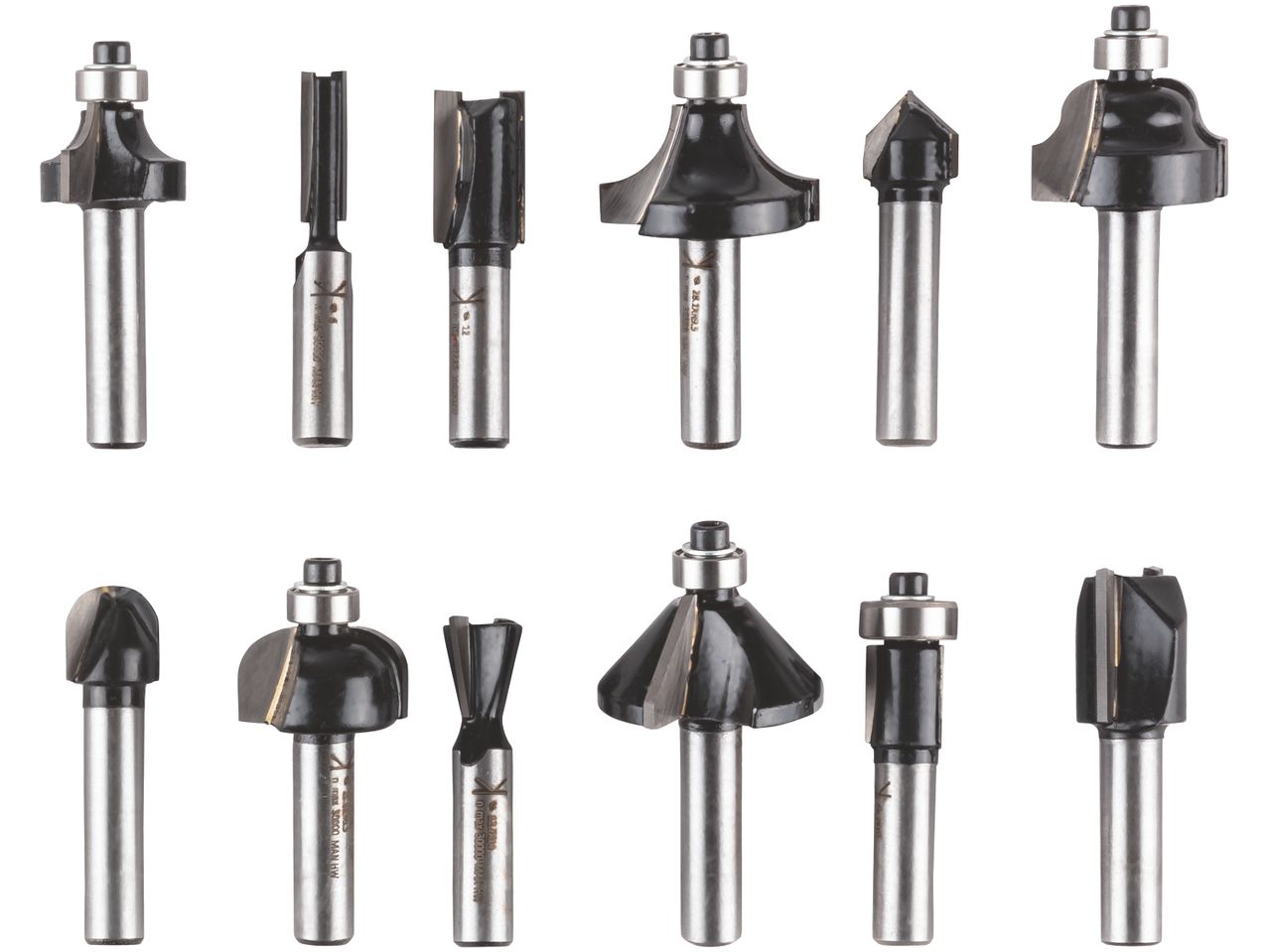 A collection of various router bits, including straight, roundover, chamfer, and cove bits.