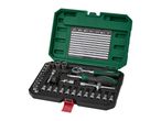 A green and black tool kit with various sockets, ratchets, and screwdriver bits, including a conversion chart.