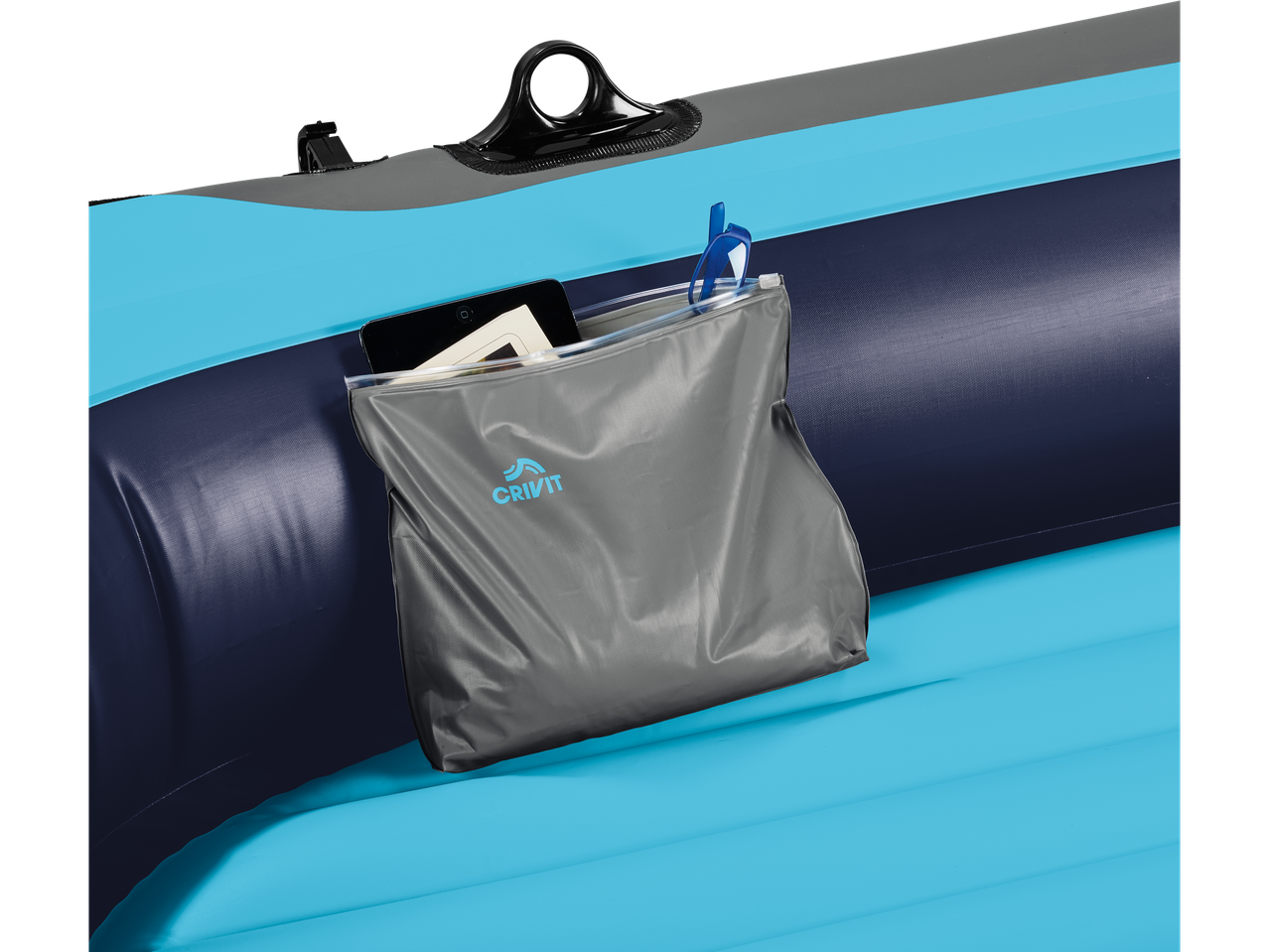 Crivit bag and blue and gray inflatable boat.
