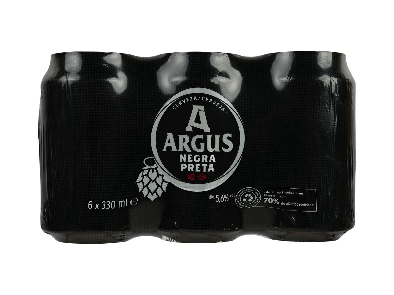 Pack de 6 latas de cerveja preta, 330ml cada, com 5,6% de álcool e embalagem 70% reciclada.