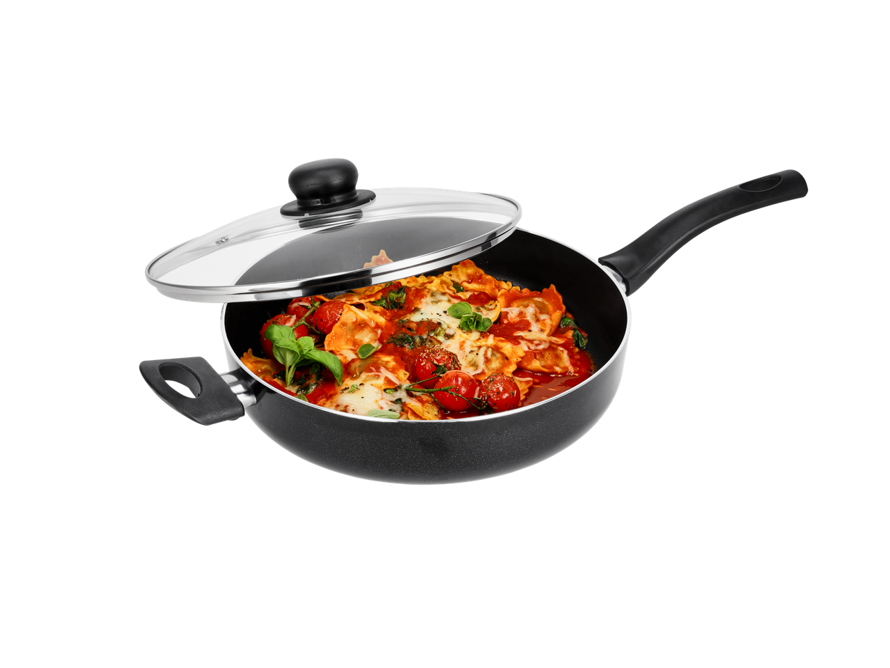 Ravioli în sos de roșii într-o tigaie cu capac.
