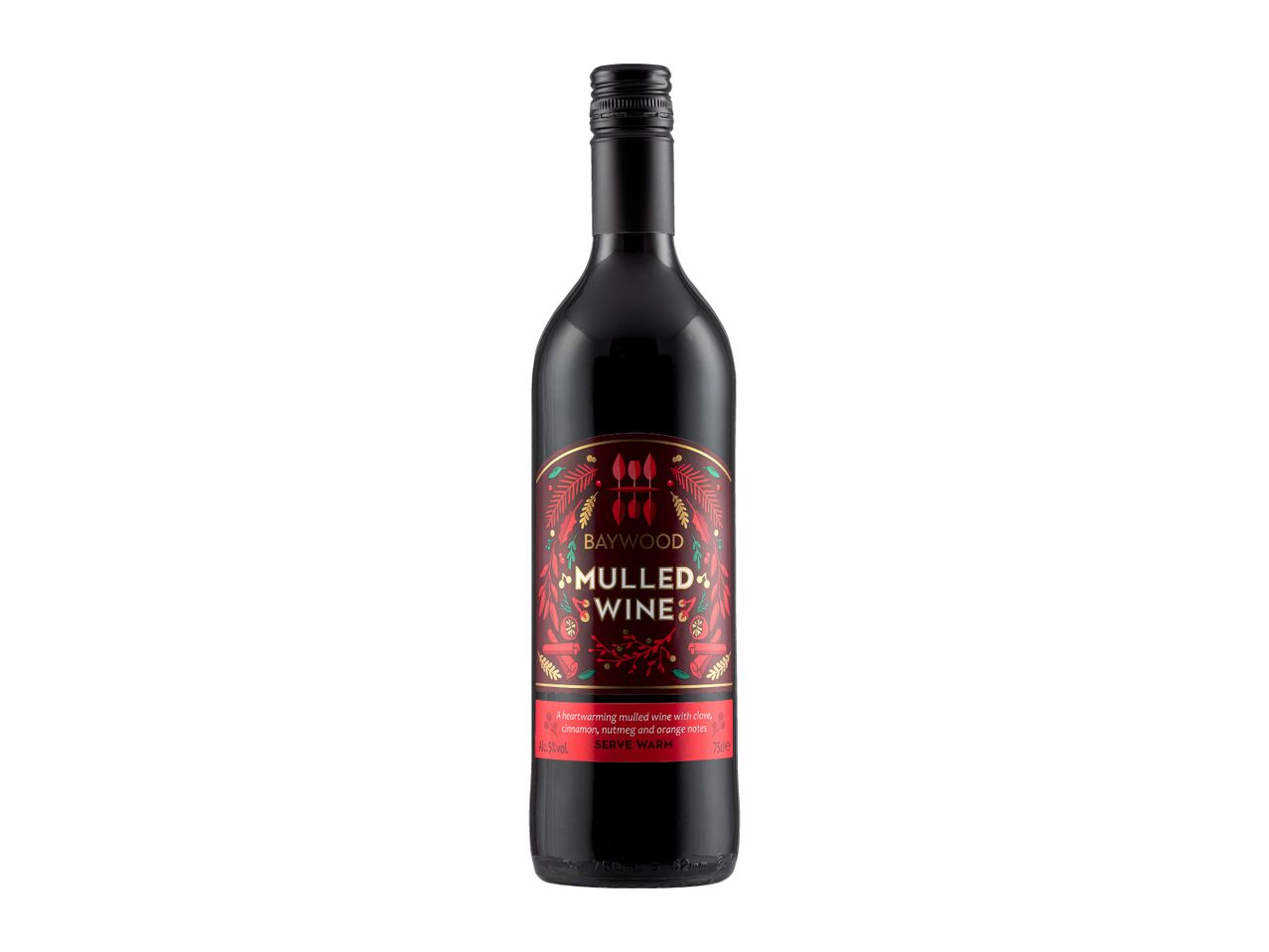 A bottle of Baywood Mulled Wine containing 5% alcohol volume. 